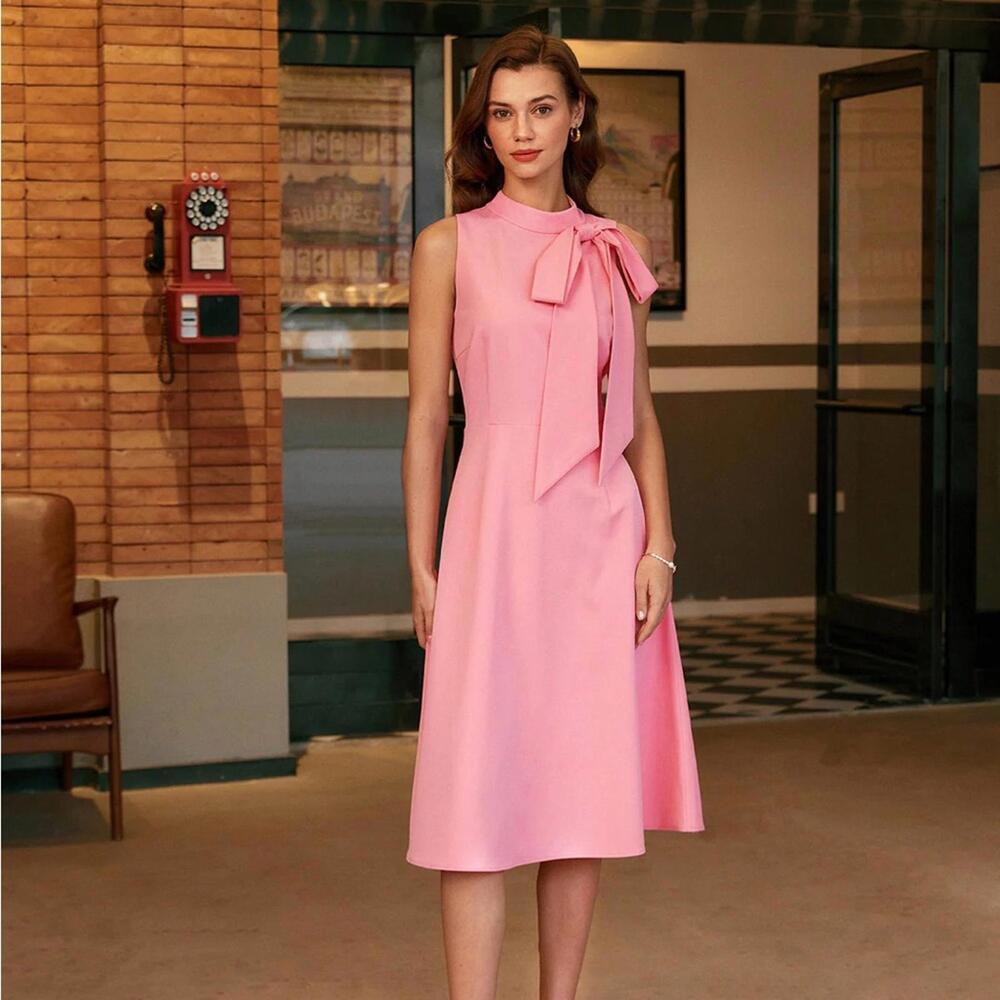 RIHOAS Pink Turtleneck Bowknot Satin Midi Dress XS